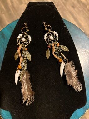 Boho Feather Dreamcatcher Dangle Earrings - Brown